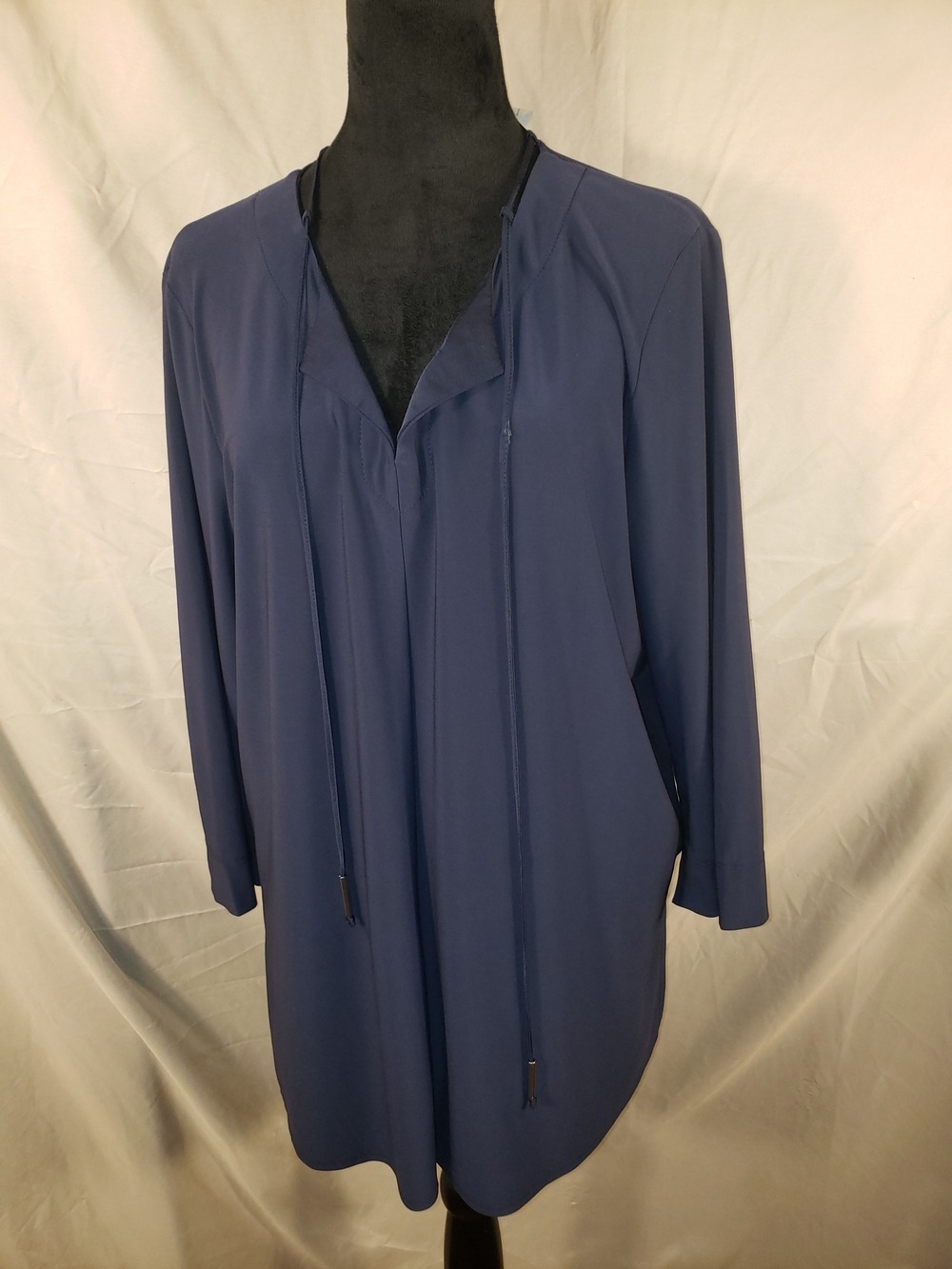 Relaxed Navy Tie-Neck Long-Sleeve Blouse